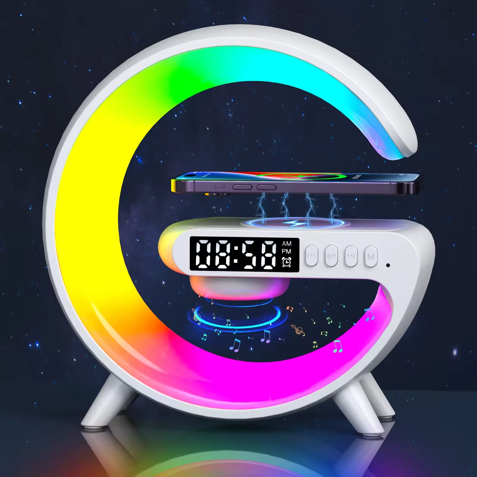 Wireless Charger Lamp RGB Color Changing Bedside Light Mini Size G Lamp LED with Alarm Clock Bt Speaker