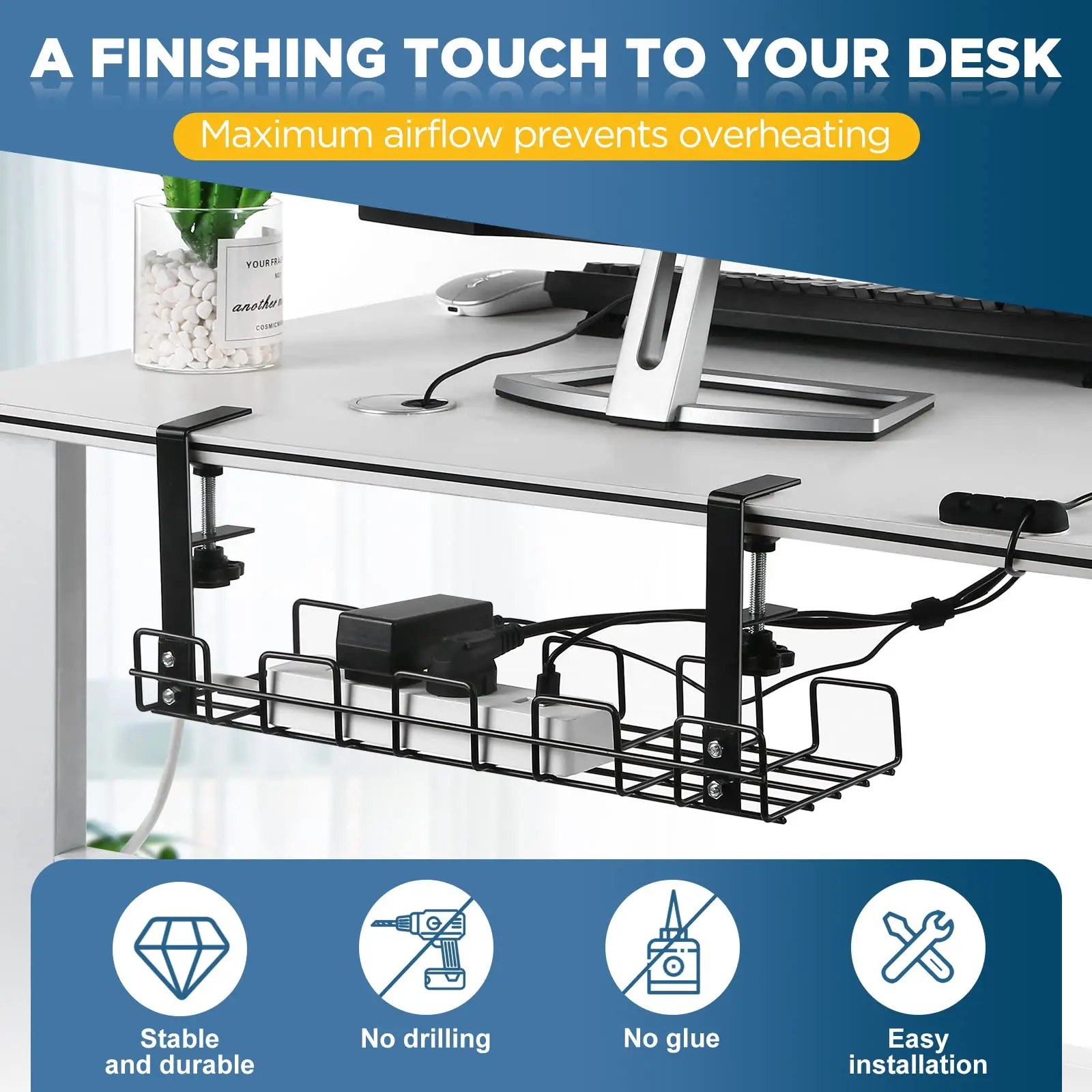 Home and office Under Desk Wire Management Rack, Hanging Metal No Drilling Desk Cable Wire Management Tray