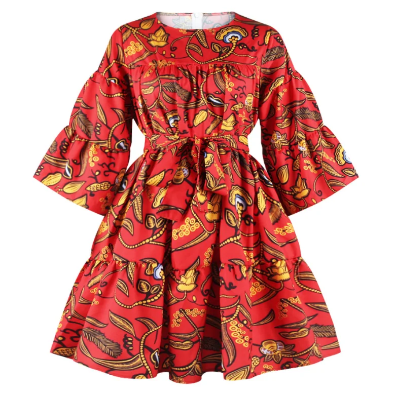 Hot Sale African elegant sexy ladies Large swing skirt with lotus sleeves belt women summer loose african dashiki shirt