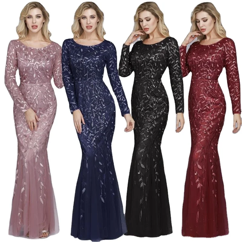 Plus Size 2XL Elegant Dresses for Women Evening Dresses Mother Of The Bride Clothing Long Sleeve Party Maxi Sequin Evening Dress