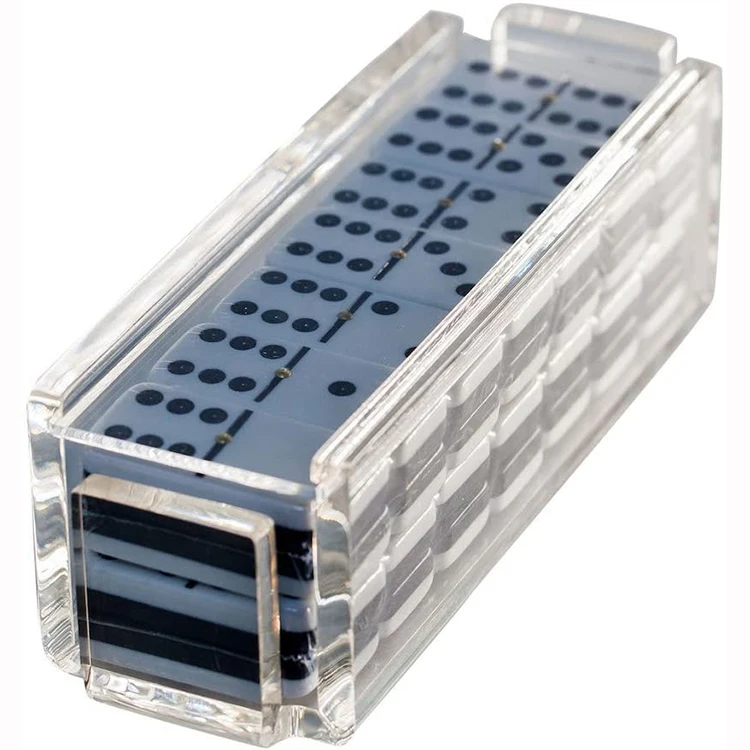 Double Six Acrylic Dominoes Set Professional Two Toned Lucite Black White Dominoes Tiles With Spinners And Rack