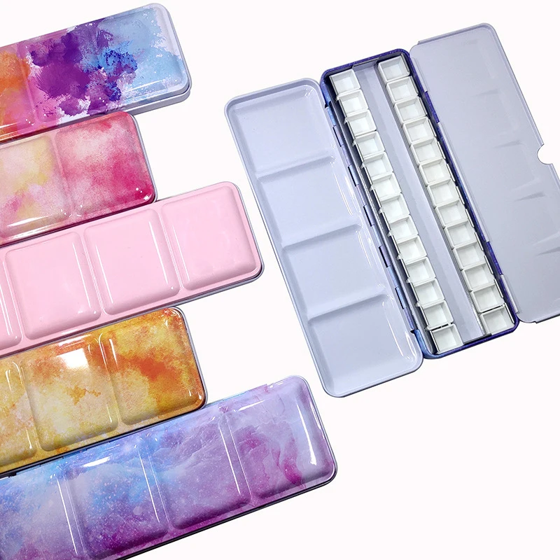 Watercolor Box Tinplate Watercolor Box Colorful Anti-Skid Full Pan 24 Colors Painting Solid Pigment Case Tin Box