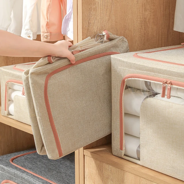 JILEN- Large capacity clothes quilt storage box, high-grade linen transparent window with zipper storage box