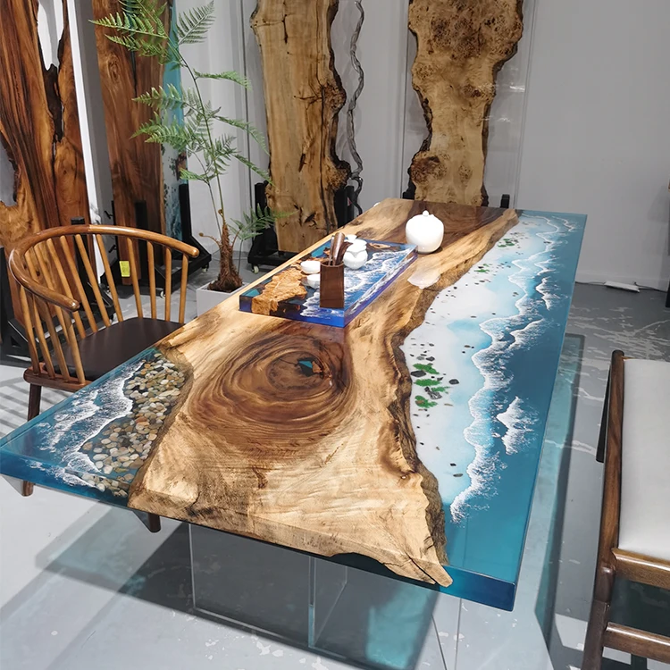 Irregular Design Reclaimed Walnut Wood Table Epoxy Resin Blue Waves River Live Edge Dining Table