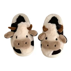 Home warm plush shoes female winter student dormitory with soft cute cow non-slip cotton slippers