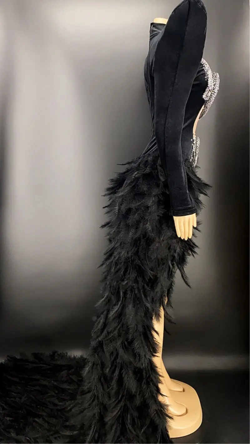 fashion Y2318  Wholesale Dropshipping Black Feather Tail Diamond Snake Cutout Dresses For Women Goth Clothing Red Carpet
