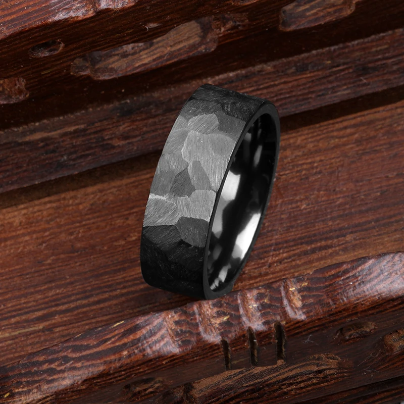 Tizi Jewelry Tungsten Titanium Rings Handmade Faceted Black Zirconium Ring for Men Hammered Mens Wedding Bands