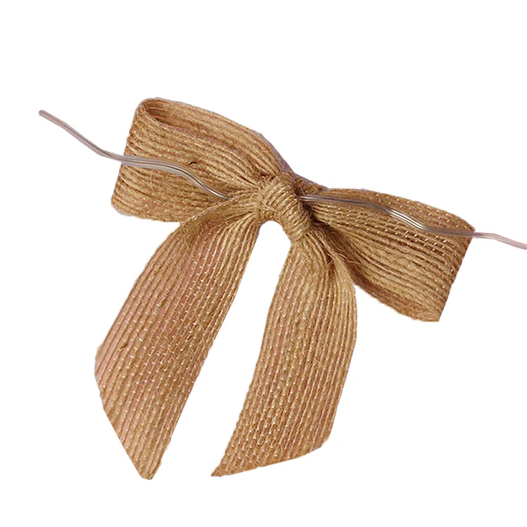 Jute Ribbon Bows Pre-tied Nature Burlap Jute Bow with Wire Twist Tie Christmas Customized Size Accept Customized Logo Natural