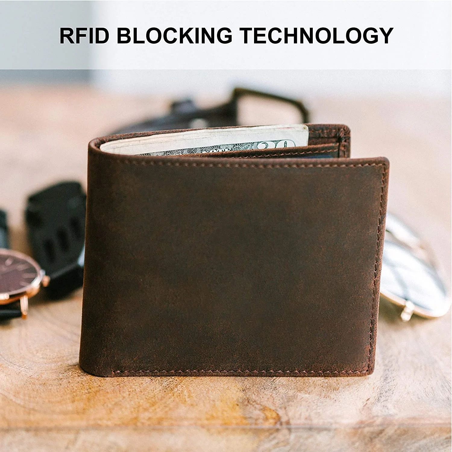 Top Grain Leather Wallet for Men RFID Blocking Extra Capacity Bifold Wallet with 2 ID Windows Ultra Strong Stitching