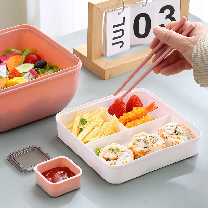 Custom logo all-in-one stackable bento lunch box container salad box with cutlery for kids adults