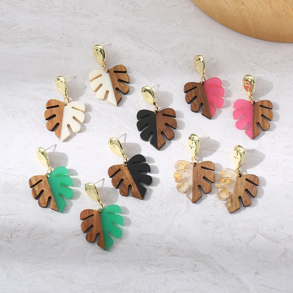 Cring CoCo Acrylic Earrings Wholesale Green Leaf Wooden Resin Hoop Boho Polynesian Earrings Hawaiian Jewelry