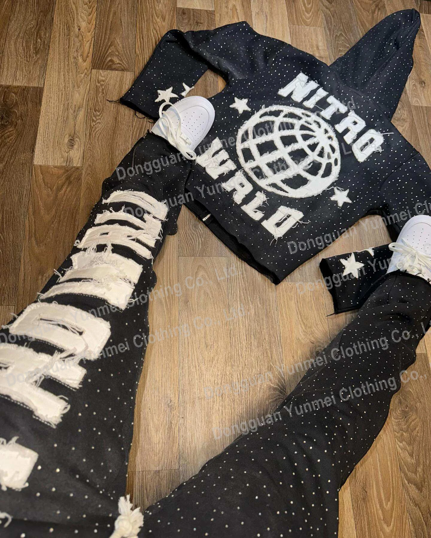 Custom Sweat Stack Pant Track Suits Acid Wash Tracksuit Rhinestone Zip Up Hoodie And Flare Sweatpants Sweatsuit Set For Men