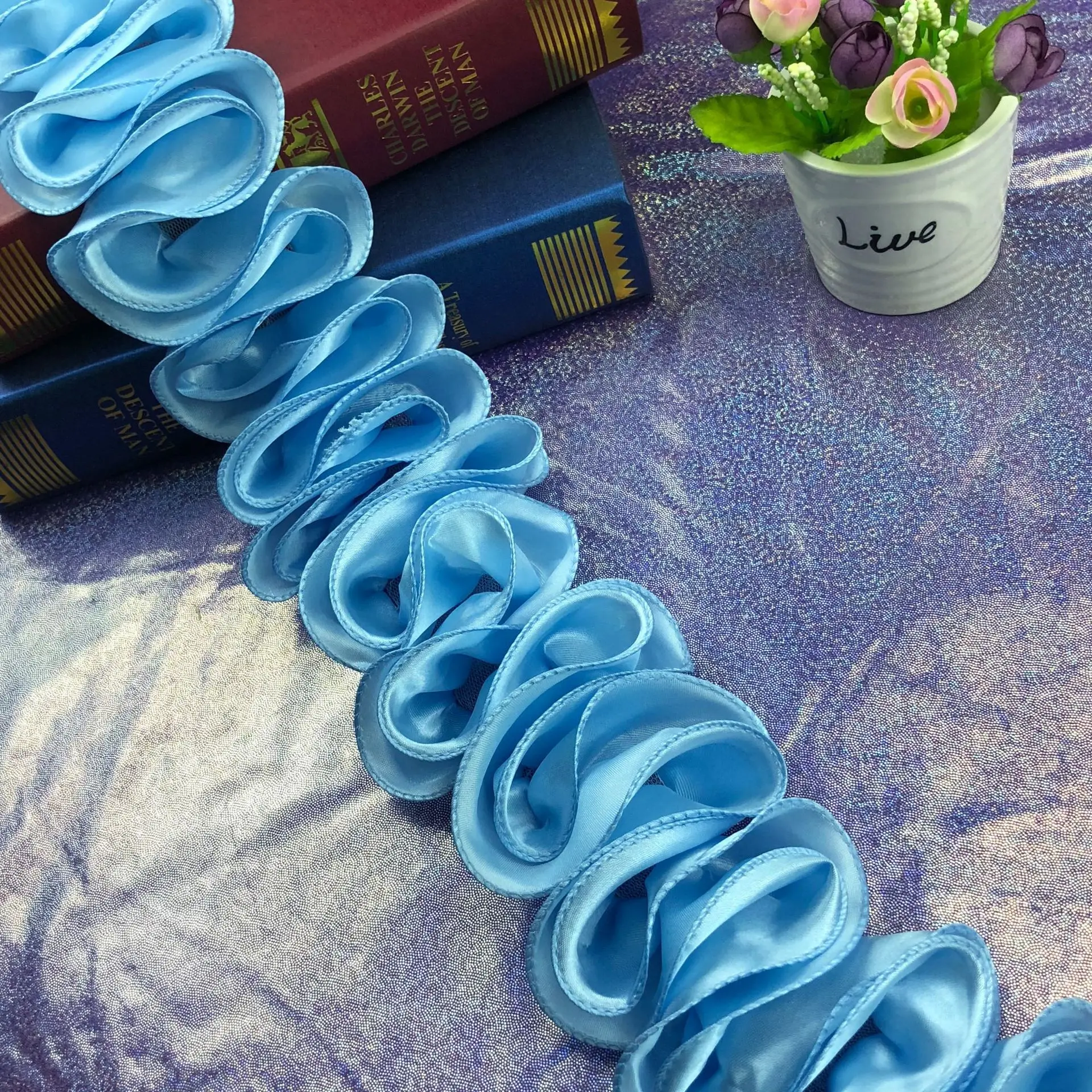 Factory flower lace trim dress trimmings satin waves fabric trim ribbon handmade baby headband flowers for clothing decoration