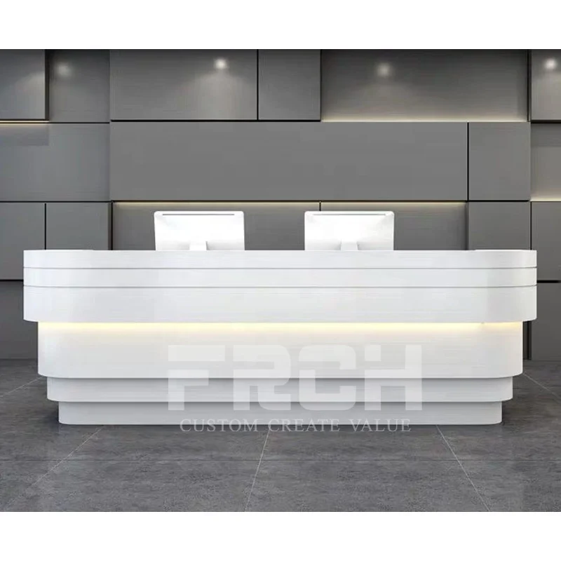 Luxury modern design standing front cashier desk led white high gloss curved reception counter desk