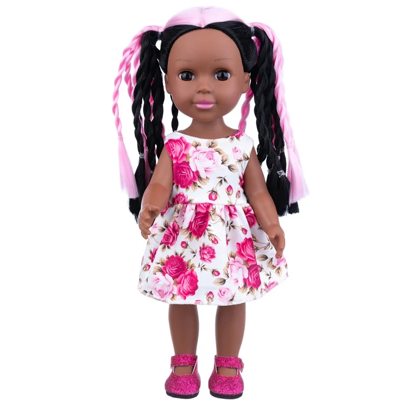 Role playing game toy 14inch oem pink braid hair black girl doll