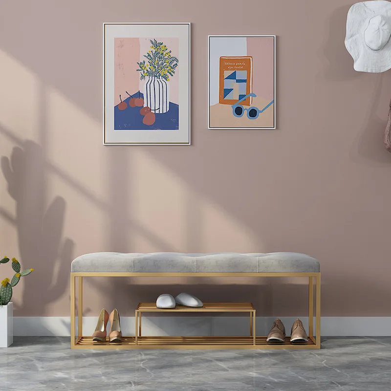 Luxury Home Furniture Metal Rectangle Stool Velvet Bench Shoe Storage Sofa Fabric Pouf Soft Footstool