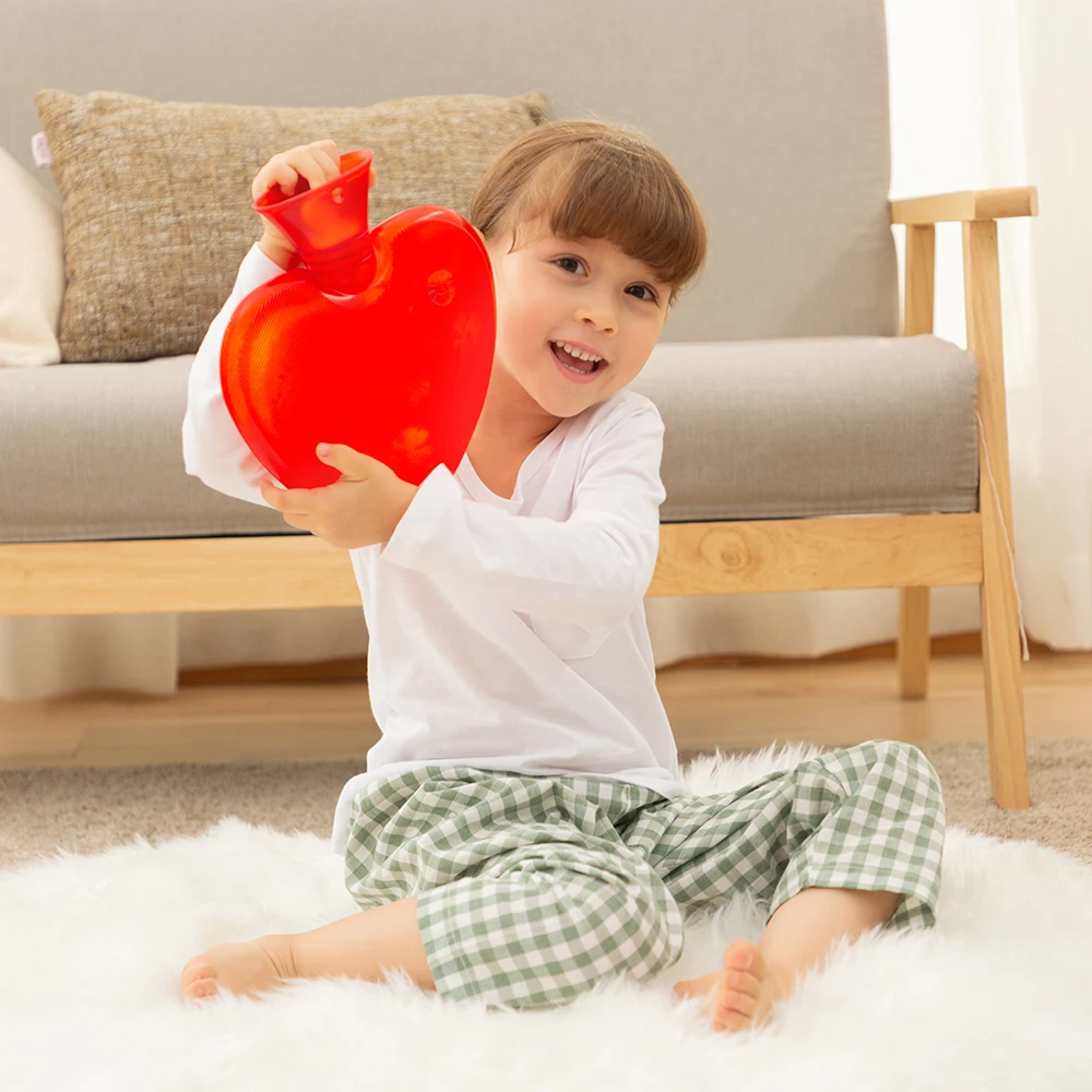 
rubber heart shaped hot water bottle with plush animal cover 