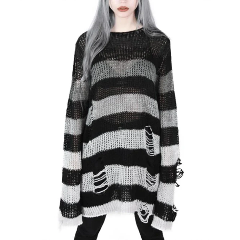 Kingsun gothic streetwear vintage striped long oversized sweater for male and female