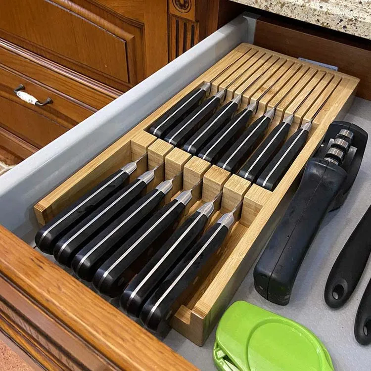 Durable portable bamboo kitchen drawer knife storage box knife storage rack