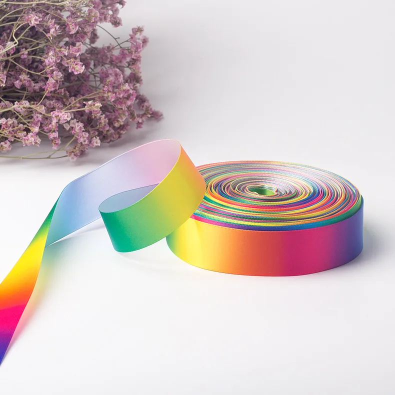 OEM Custom Heat transfer rainbow polyester printed webbing double sided satin gradient gift ribbon