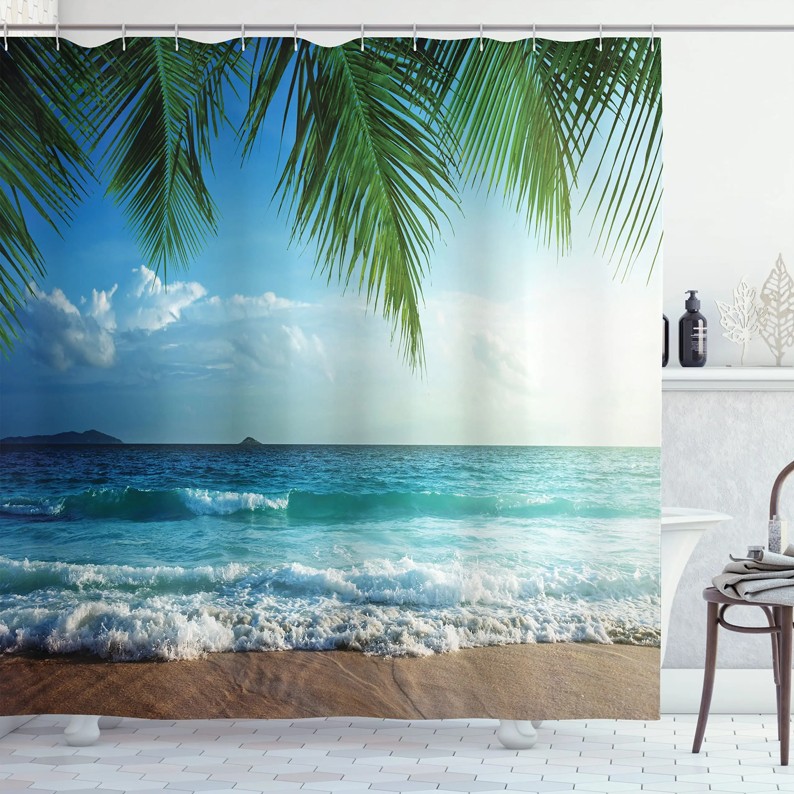 Summer Beach Foamy Sea Water Tropical Island Palms Ocean Shower Curtain Maldives Idyllic Photography Curtain