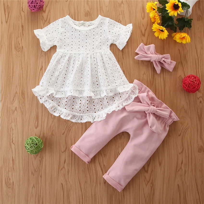
3Pcs Trousers Headband Outfit Set Newborn Kid Baby Girl Clothes Lace Top T-Shirt Pants Short Sleeve Bowknote Pants Outfit 0-24M 