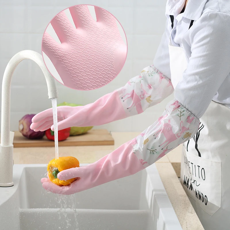 Factory direct winter rubber gloves elastic wide mouth lengthened PVC cleaning plus velvet thickening housework dishwashing glov