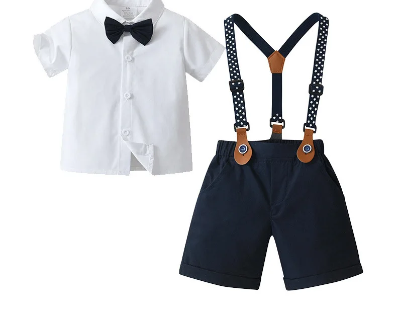2024 Little Boy Short Sleeved White Shirt with Bows + Suspender Shorts Gentleman Outfit Set 0-4 Years