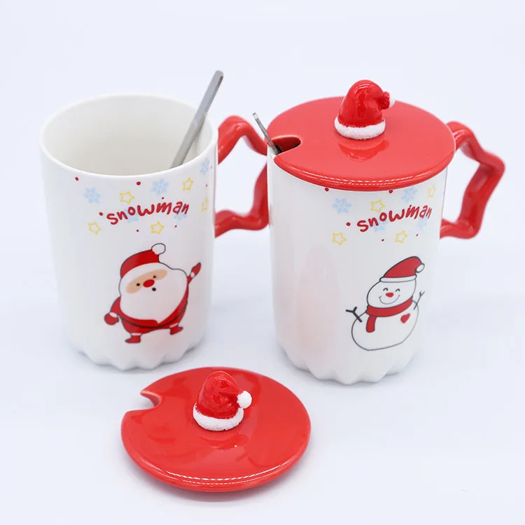 Unique Porcelain Mugs Cute Christmas Pattern Custom Milk Coffee Tea Cup 12OZ Coffee Ceramic Mug with Lid and Spoon