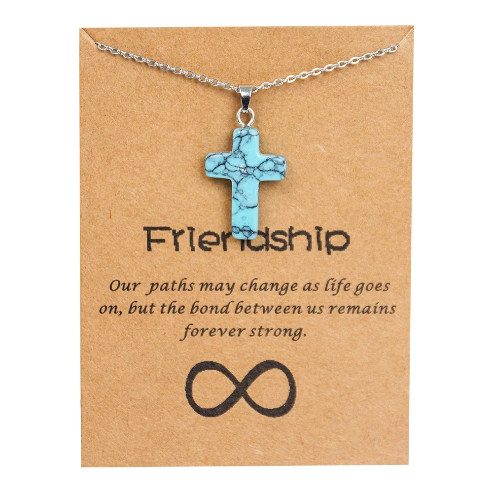 Natural Stone Pendant Necklace Healing Crystal Quartz Gemstone Cross Shape Charms Necklace