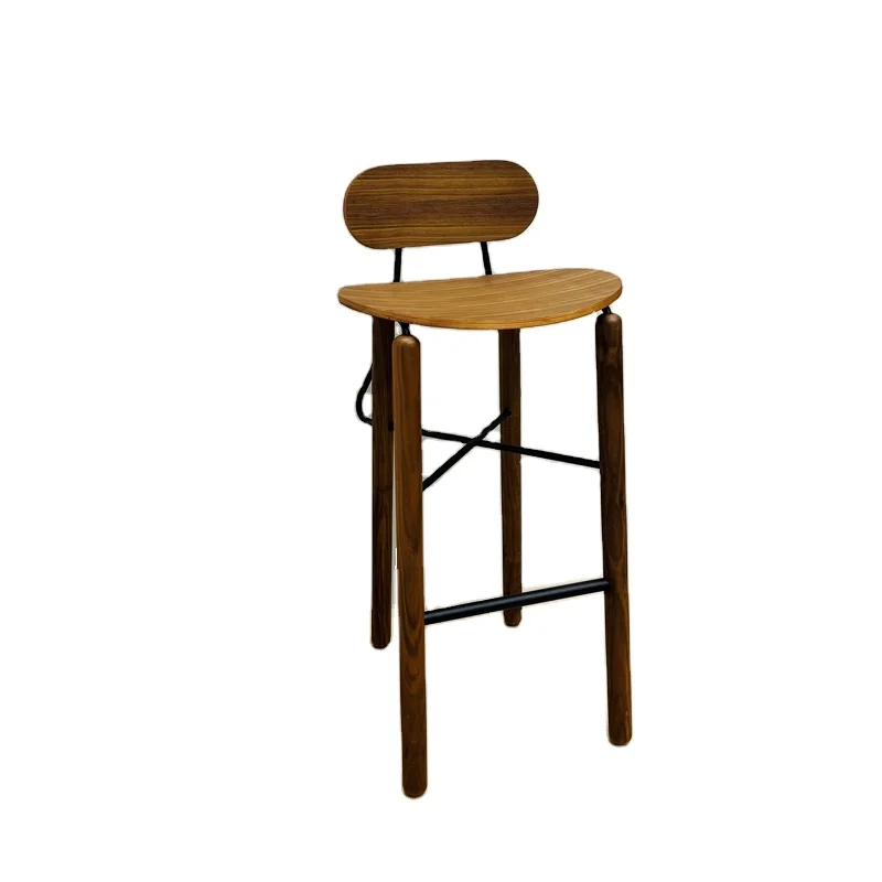 New Commercial Bar Restaurant Furniture Oak Walnut Wood Bar Chairs Stool With Backrest Footrest