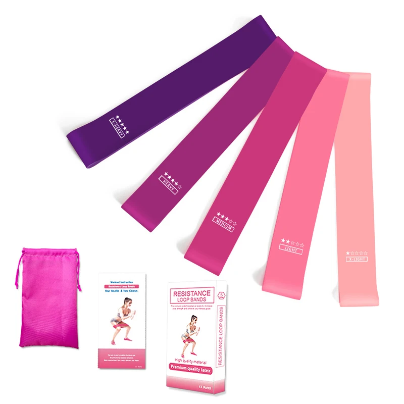 Yiwu Custom Hot Selling Wholesale Eco-friendly Non-slip 5 Level Pink Resistance bands Set for Strength Training
