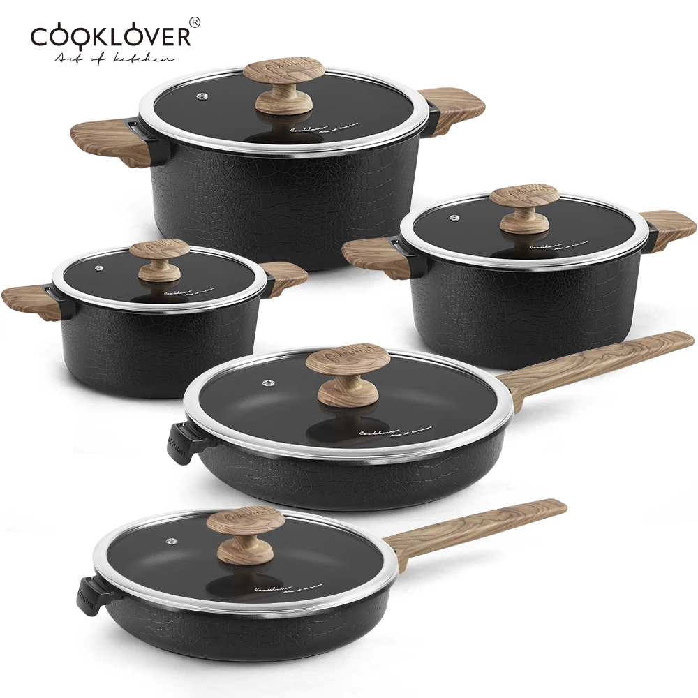 Nonstick Cookware Set Die Cast Aluminum 10-Piece Induction Cooking Pots & Pans Sets With Glass Lids for Kitchen