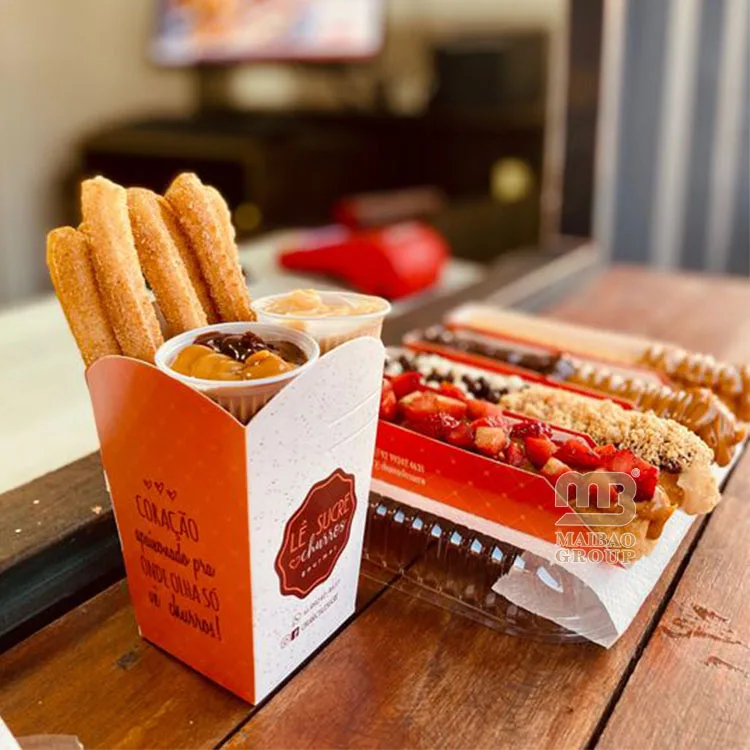 Custom Food Take Away French Fries Paper Box Disposable Paper Churros Box With Dip Sauce Holes Cones Packaging Box For Churros