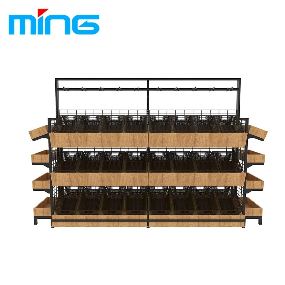 Double-side Three Layers Grocery Store Fruit Vegetable Storage Display Shelf