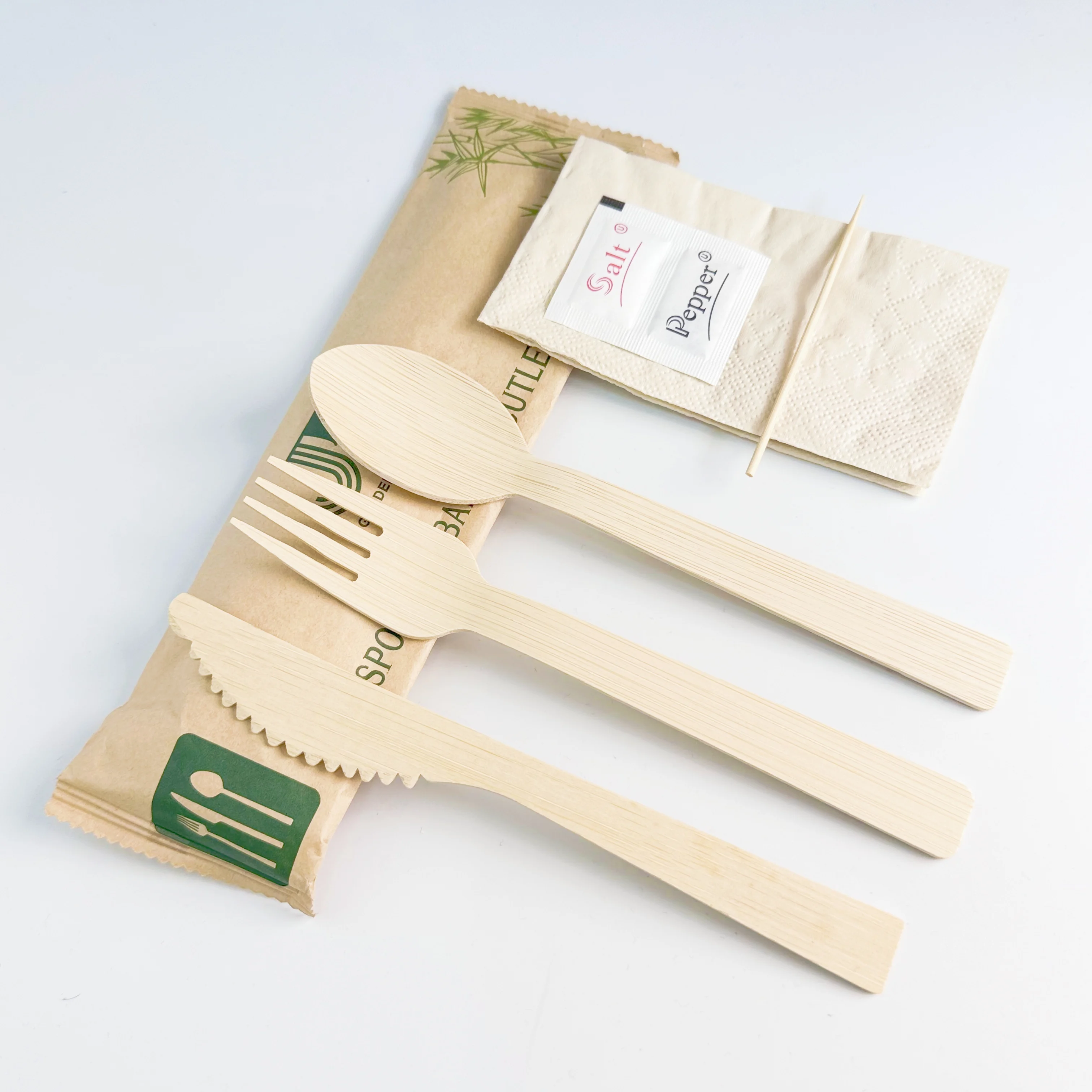 170mm Airline Bamboo Disposable Cutlery Set 6 in 1 Pack  Convenient Disposable Bamboo Cutlery Set For Airlines