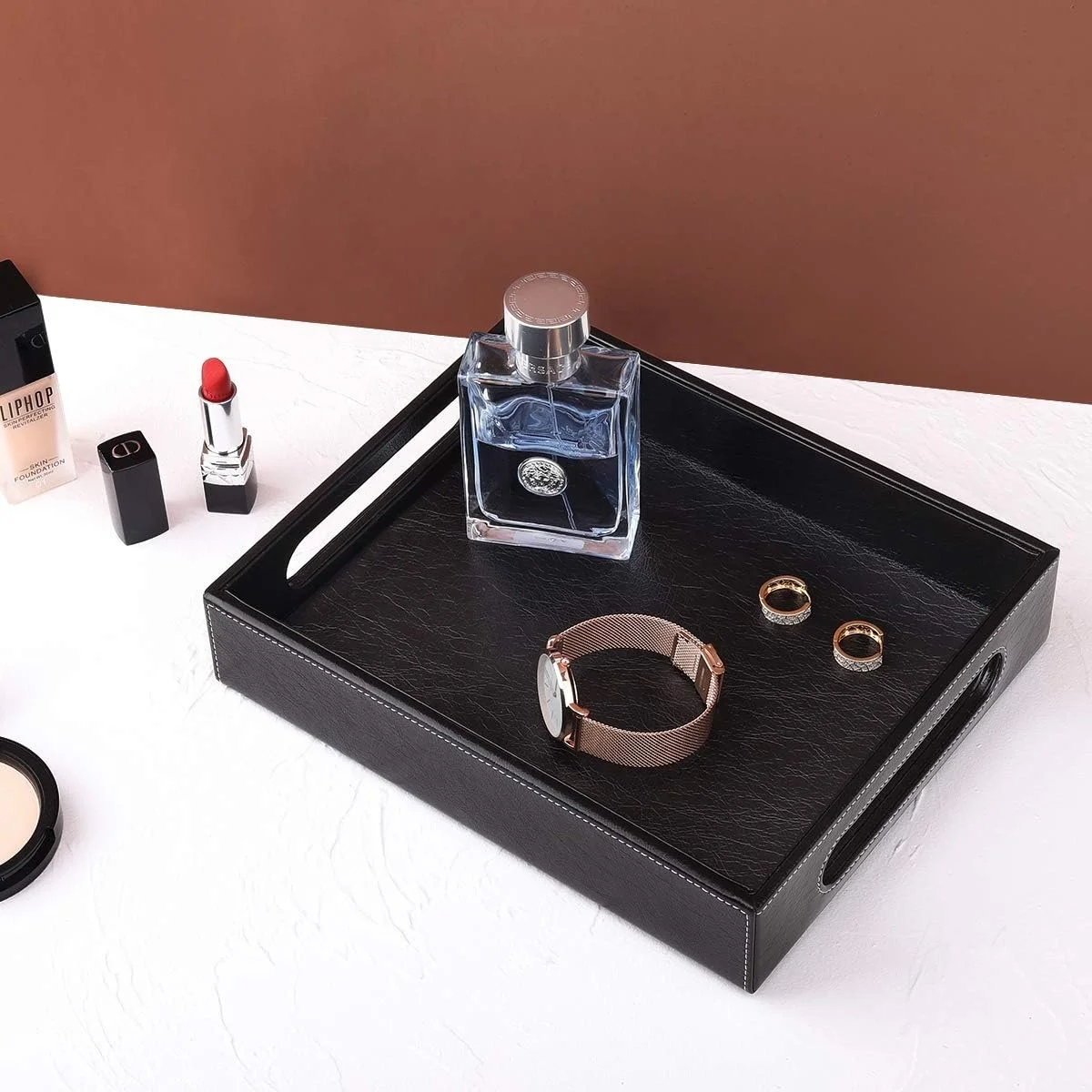 Custom Leather Valet Tray Black Leather Storage Tray Office Tabletop Organizer Handles Design Jewelry Catchall PU Leather Tray