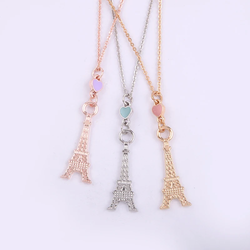 JOJO Wholesale Custom Metal Plated Eiffel Tower Heart Pendant BFF Engraved Juvenile Necklace Set