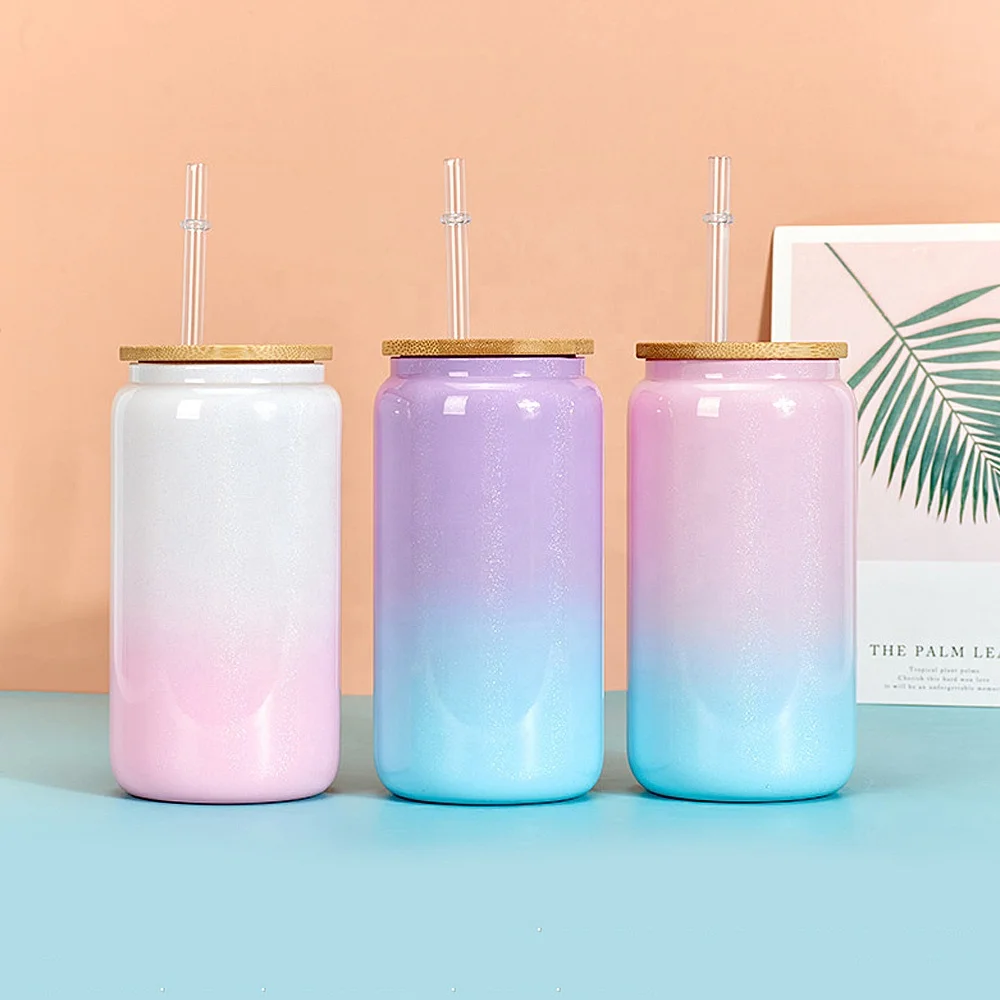 16oz Heat Resistant Borosilicate Glass Mug Gradient Color Drink Glasses Beer Cup Reusable Cup Glass Cup With Lid and Straw