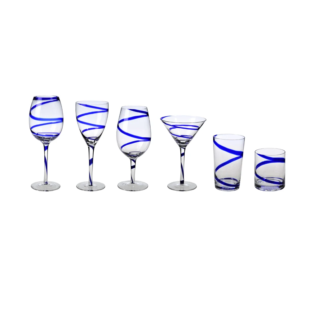 hot sale hand made long stem blue swirl wine glass set