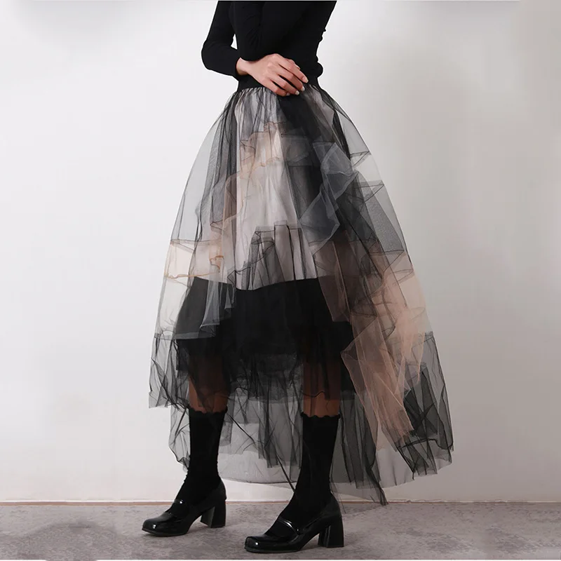 2023 Fashion elastic waist multi-layer patchwork gradient contrast color gauze skirt new layered irregular skirt