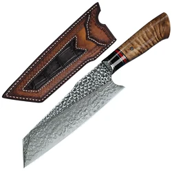Hot Sell 8in Burl Stabilized Handle VG10 Damascus Stainless Steel Blade Leather Sheath Japanese Kitchen Santoku Knife