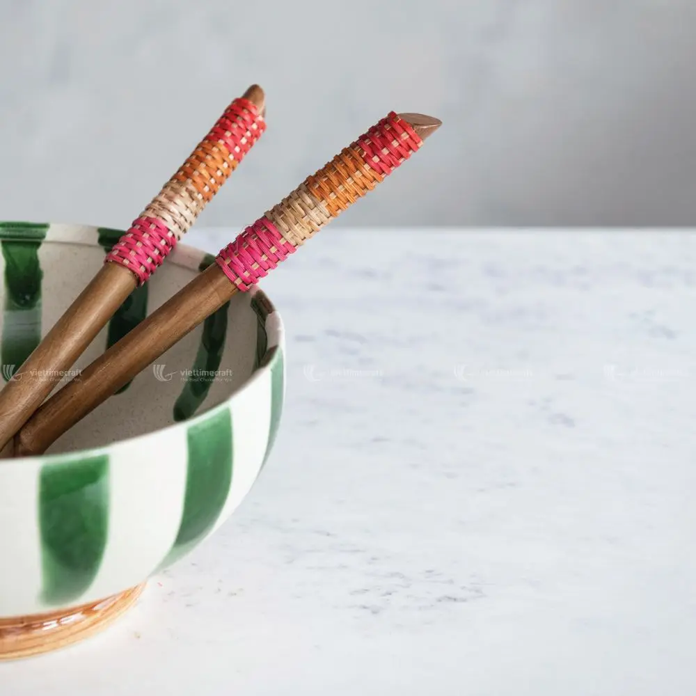 Set 2 Avocado Wood Kitchen Salad Servers, Salad Hand Rattan Wrapped, Multicolored, Set of 2 Wholesale Vietnam Handicraft