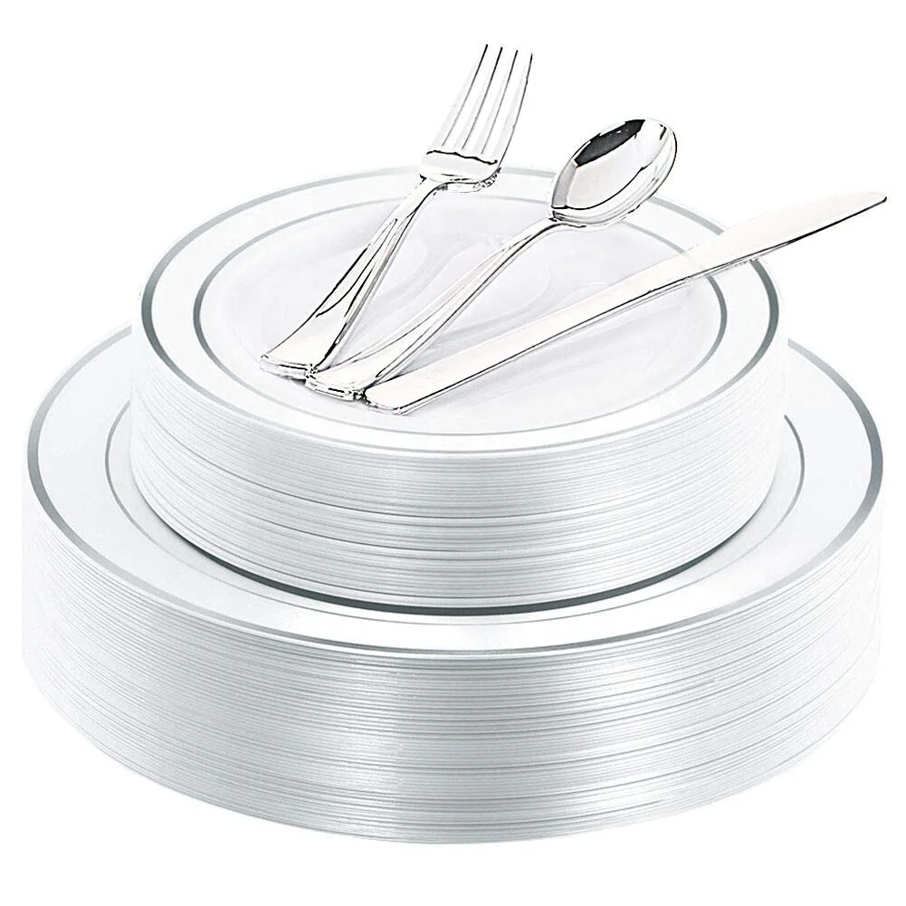 Misolamiso Disposable  Plastic Silverware Plastic Tableware Sets 40Guest Silver Plastic Plates