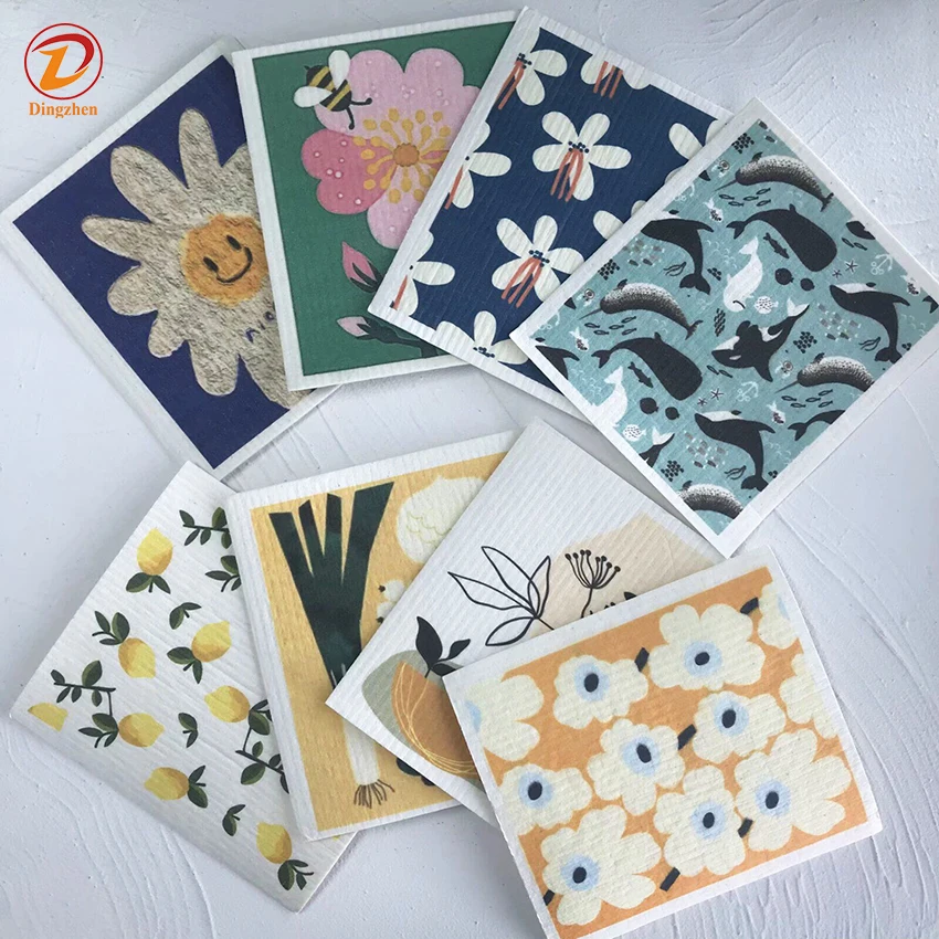 In Stock Printed Eco-friendly Absorbent 70 cellulose 30 cotton biodegradable 100% natural Kitchen Washable swedish dish cloth