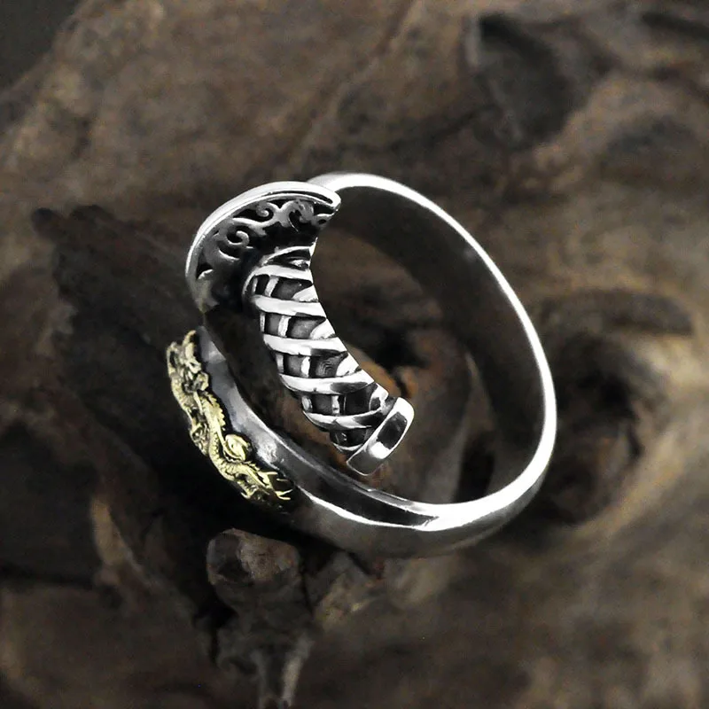 Unique Design Cool 925 Sterling Silver Brass Retro Sabre Solider Knife Open Ring Weapon Jewelry for Men Daily Wear Party  Gift
