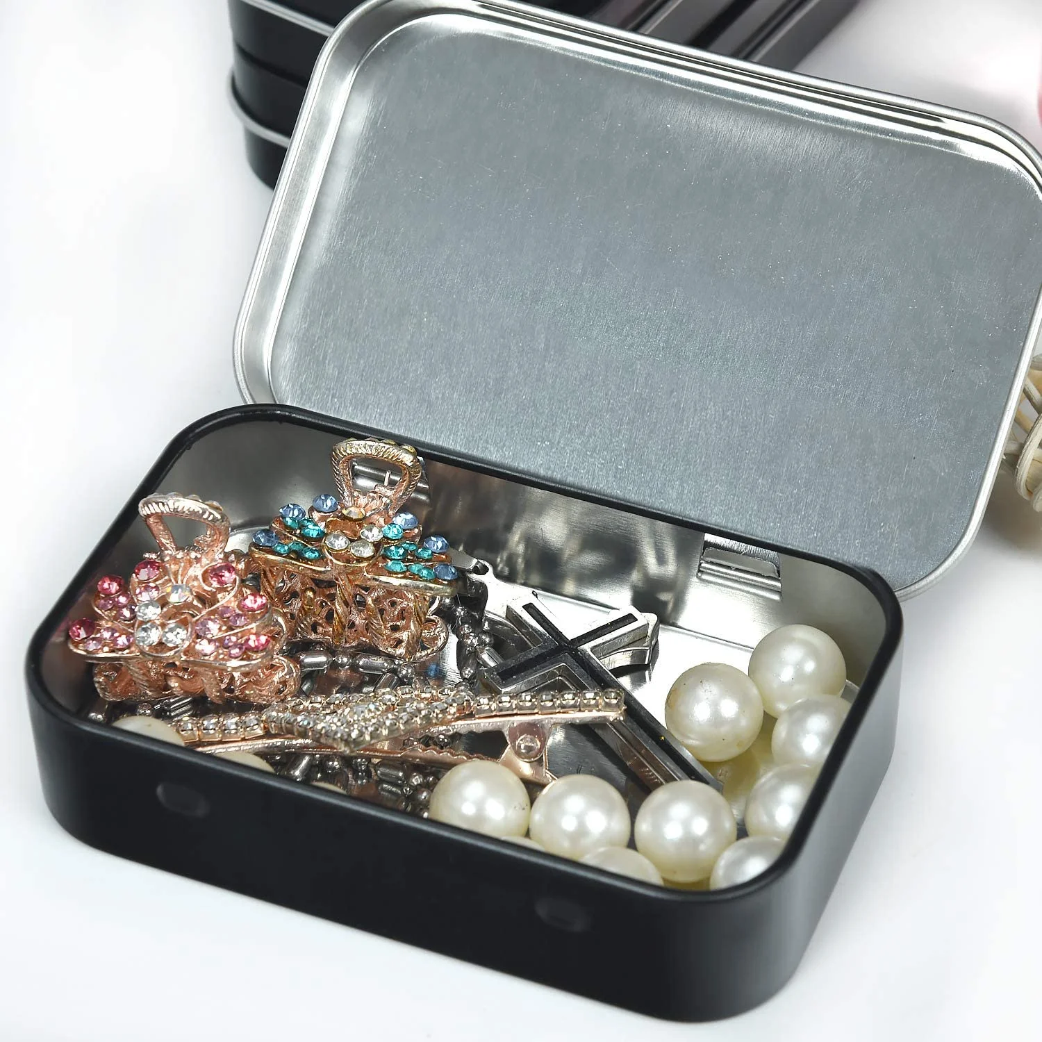 custom metal tin box hinged tin box rectangle black jewellery tin box with hinged lid
