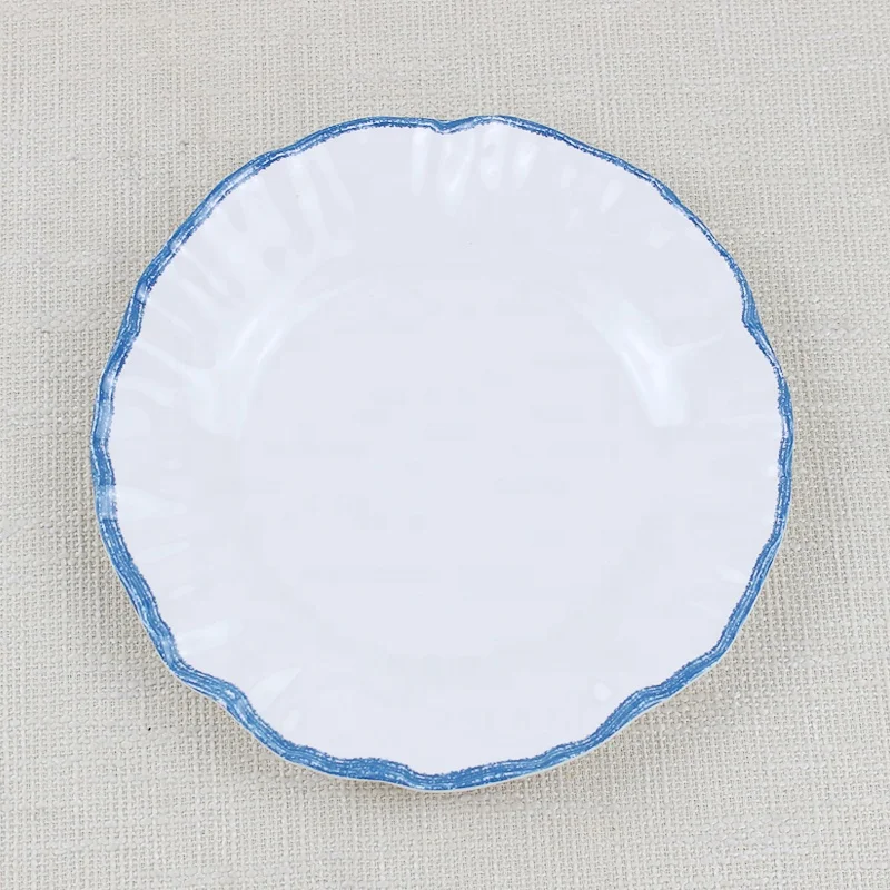 Wholesale price custom round plain white unbreakable plastic tableware melamine melamine plate set 6 plates with blue wave band