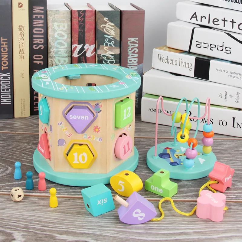 Multi-functional Wooden Activity Cubic Bead Maze Toys Babies Early Learning Multi-functional Toys Wooden Busy Box