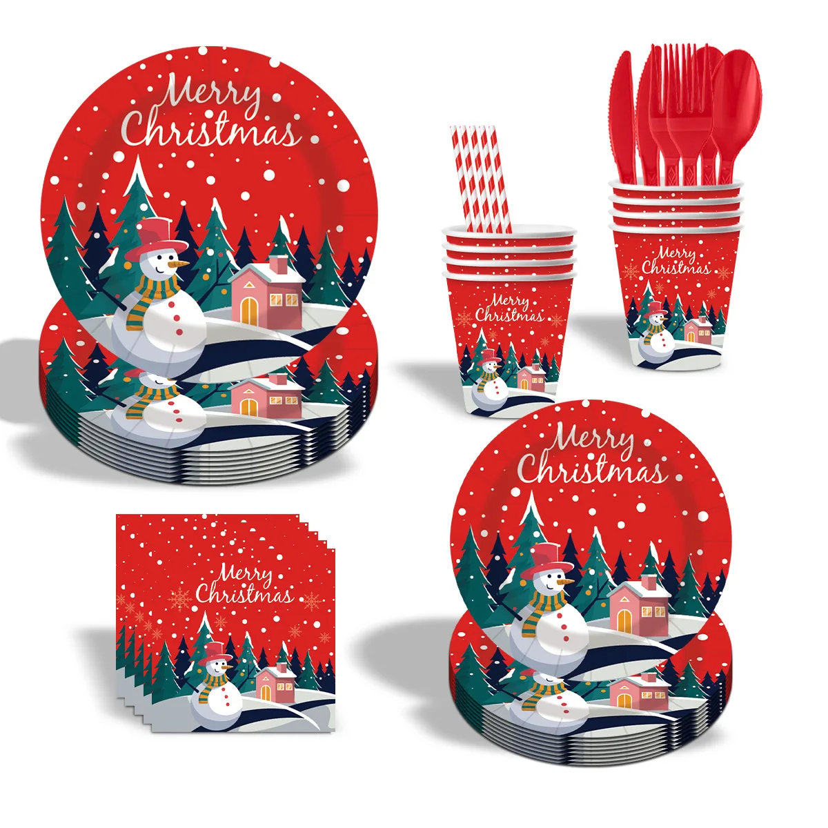 Wholesale Christmas Disposable Paper Plates Set Christmas Snowman Theme Tableware Paper Plate Tablecloth Napkin Xmas Supplies